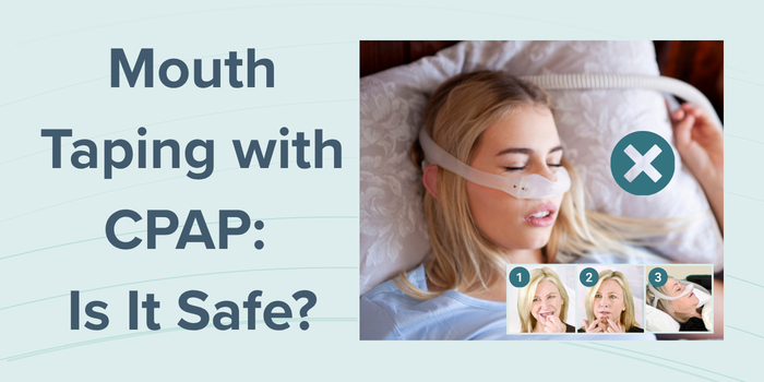 Woman sleeping with CPAP nasal mask and mouth tape crossed out, showing three-step mouth taping process